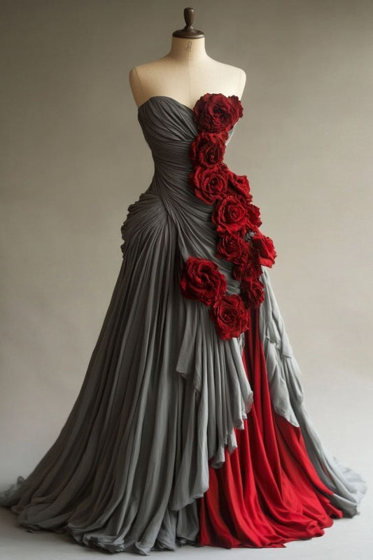 NiceVestidos-Brautkleider Hochzeitskleider Grau-Rot Paneel-3D-Blumenmuster Trägerlos Ärmellos Bodenlang Künstlerisches Kleid NV6193