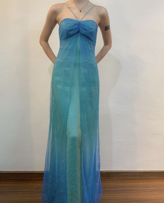 Blue shiny gradient retro elegant simple suspender long ball gown evening dress nv2761