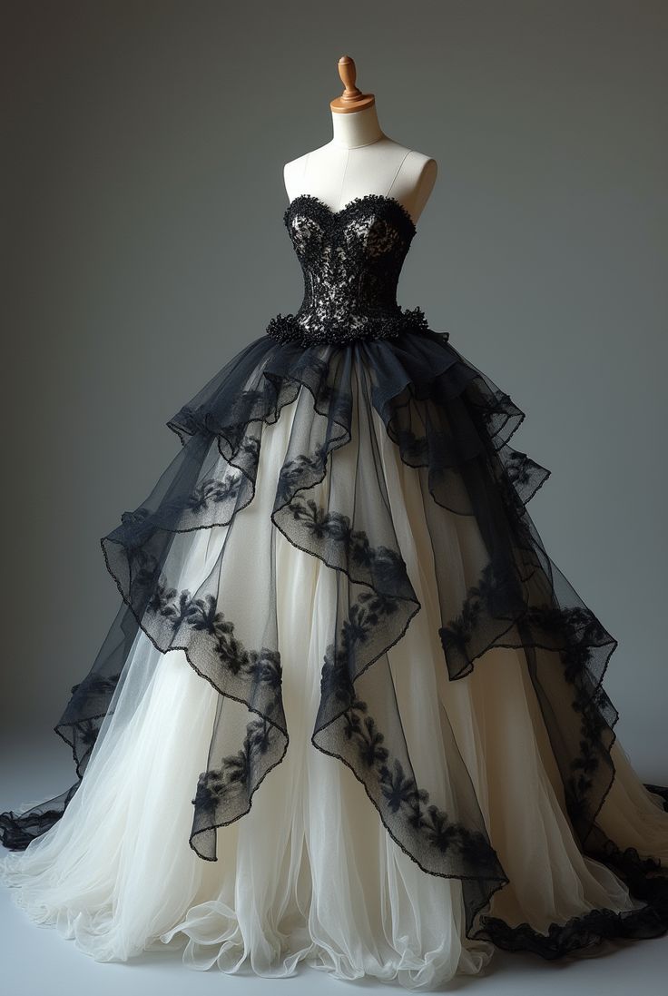 NiceVestidos-Schwarz-Weiß Paneel-Spitzen-Tüll-Trägerloses Ärmelloses Bodenlanges Gothic-Kleid NV6202