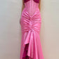 Rosa Vintage-Mode Exquisite Perlen Spaghetti Strap Lange Satin Rüschen Ballkleid Abendkleid Partykleid nv3556
