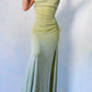 Limettengrüne Spaghettiträger mit Rüschen, glänzendem elastischem Schlitzschwanz, Farbverlauf, langes Meerjungfrau-Ballkleid, Abendkleid, Partykleid nv2407