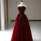 Burgundy Fashion Strapless Long Tulle Ball Gown Evening Dress nv3371