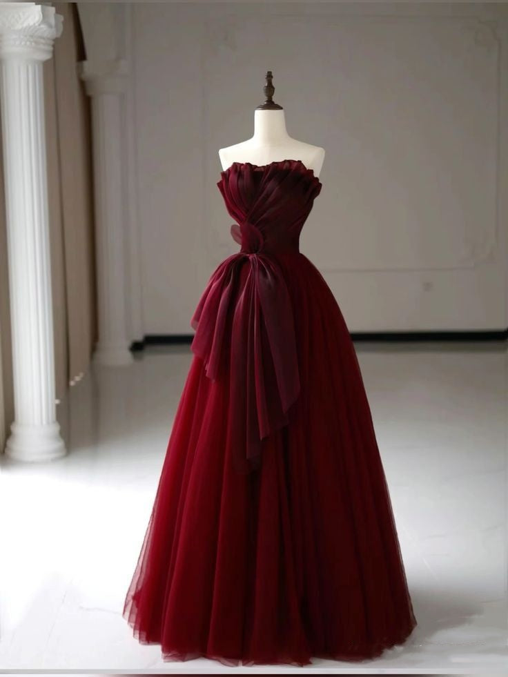 Burgundy Fashion Strapless Long Tulle Ball Gown Evening Dress nv3371