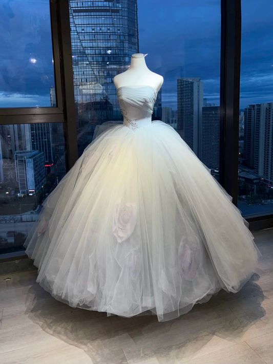 Strapless Off White Princess Ball Gown Ruched Tulle 3D Pink Rose Formal Wedding Prom Dress  NV6982