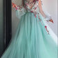 Turquoise Ball Gown Applique Lace Long Sleeve A-Line Floor Length Fairy Evening Gown nv2896