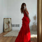 Rotes, modisches Spaghettiträger-Langchiffon-Rüschen-Ballkleid-Abendkleid-Partykleid nv3544