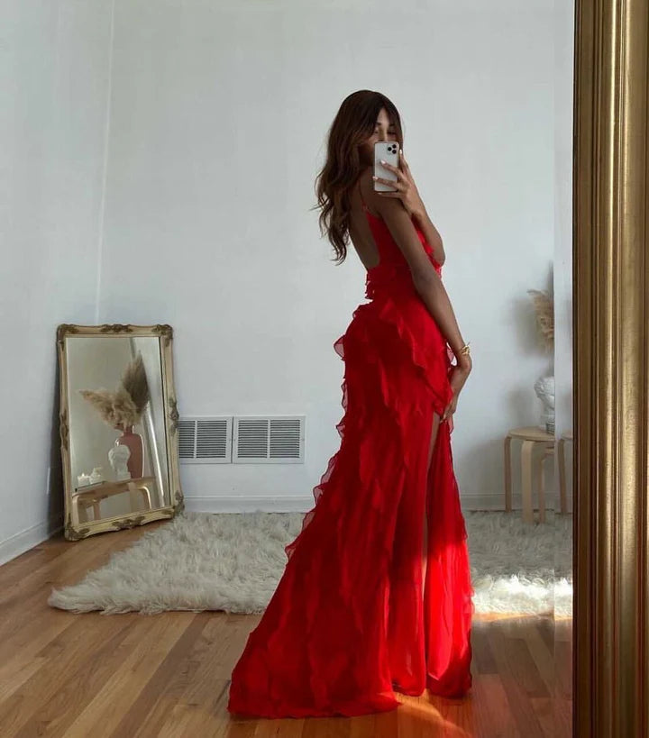 Rotes, modisches Spaghettiträger-Langchiffon-Rüschen-Ballkleid-Abendkleid-Partykleid nv3544