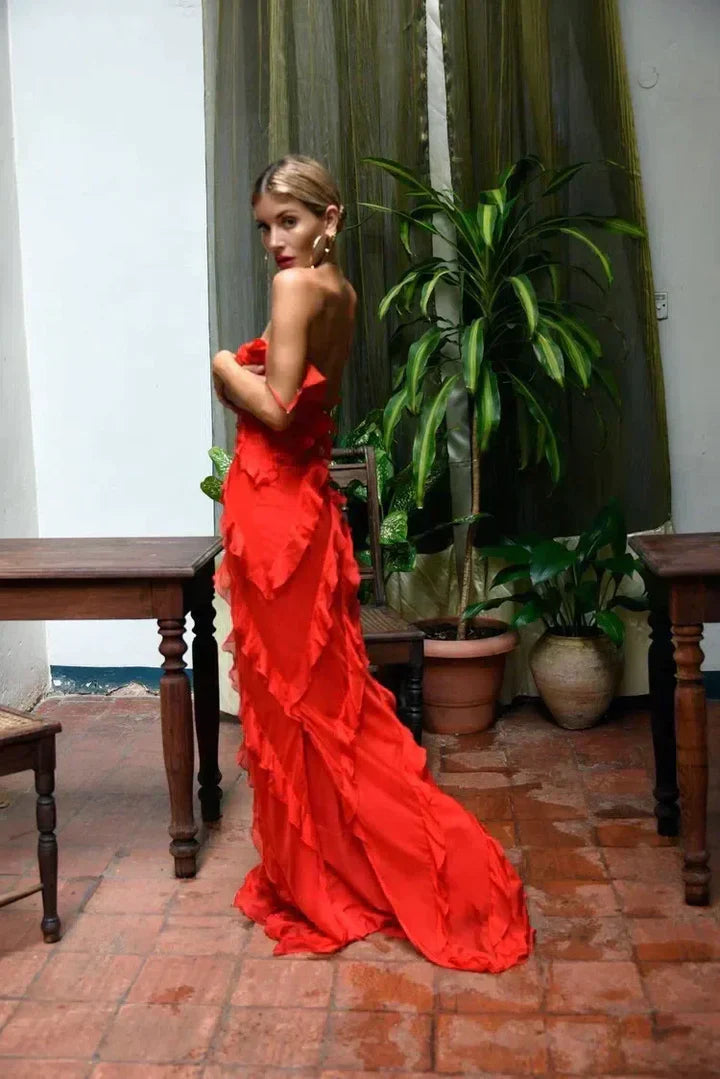 Rotes, modisches Spaghettiträger-Langchiffon-Rüschen-Ballkleid-Abendkleid-Partykleid nv3544