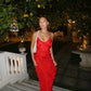 Rotes, modisches Spaghettiträger-Langchiffon-Rüschen-Ballkleid-Abendkleid-Partykleid nv3544