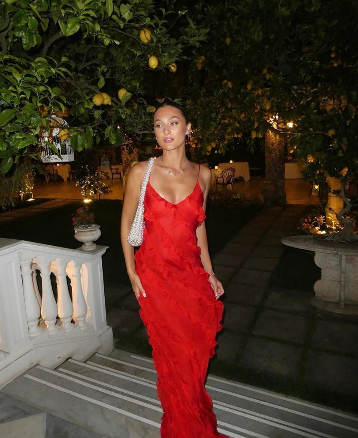Rotes, modisches Spaghettiträger-Langchiffon-Rüschen-Ballkleid-Abendkleid-Partykleid nv3544