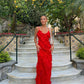 Rotes, modisches Spaghettiträger-Langchiffon-Rüschen-Ballkleid-Abendkleid-Partykleid nv3544