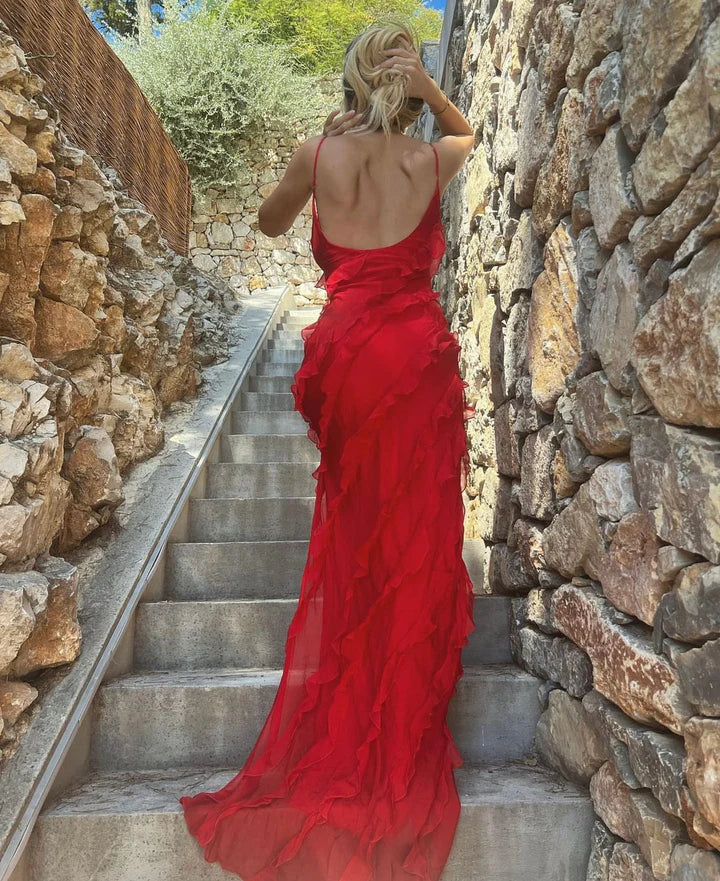 Rotes, modisches Spaghettiträger-Langchiffon-Rüschen-Ballkleid-Abendkleid-Partykleid nv3544