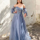 A-Linie Herzausschnitt Tüll Grau Blau Spitze Langes Ballkleid, Grau Blau Formelle Abendkleid nv1526