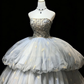 Strapless Dusty Blue Princess Ball Gown Beaded Rhinestone Tiered Bubble Tulle Gold Butterfly Prom Dress  NV6977