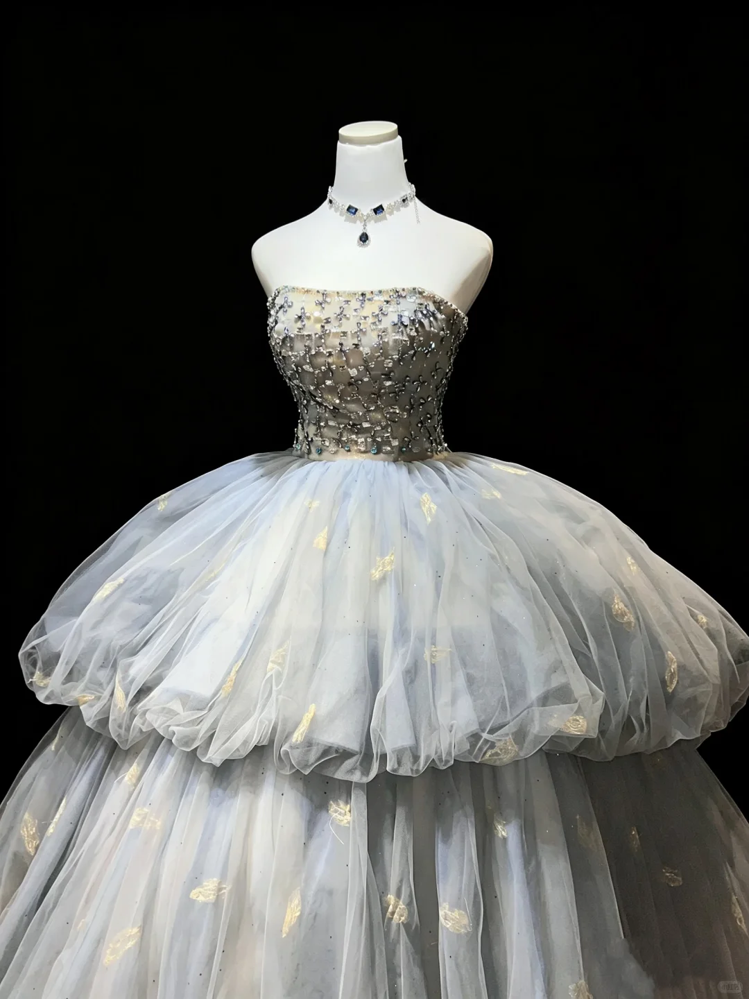 Strapless Dusty Blue Princess Ball Gown Beaded Rhinestone Tiered Bubble Tulle Gold Butterfly Prom Dress  NV6977