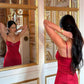 Red spaghetti strap off shoulder simple elegant long ball gown evening dress party dress nv2301