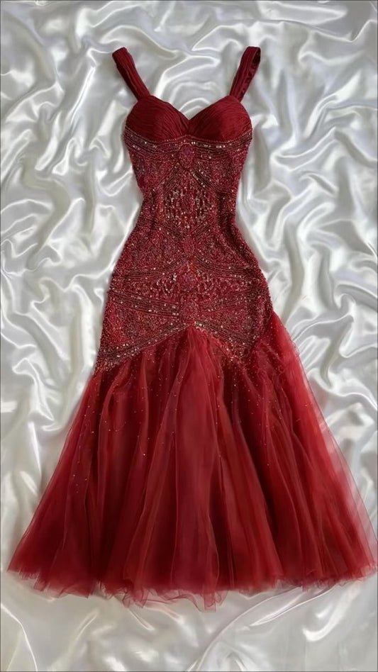 NiceVestidos-- vGorgeous red fairy exquisite beaded long tulle prom dress NV5678