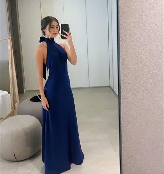 Navy Blue Simple Elegant Halter Neck Off Shoulder Slim Fashion Long Satin Ball Gown Evening Dress Party Dress nv2562