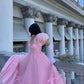 Pink Puff Sleeve Tulle Long Ball Gown Evening Dress Party Dress nv2702