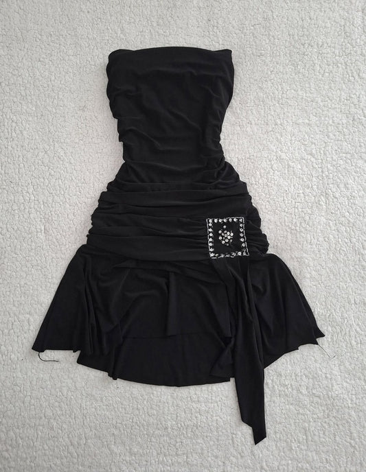 NiceVestidos – Schwarzes, trägerloses, gerafftes, asymmetrisches Vintage-Partykleid mit Strasssteinen, kurzem Schnitt NV5923