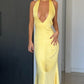 Gelbes Satin-Schnür-Neckholder-V-Ausschnitt-Bodycon-Abendkleid Ballkleid Partykleid nv1934