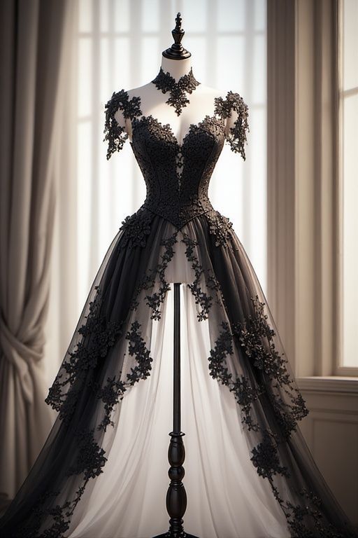 Black Delicate Lace Long Tulle Wedding Dress NV6706