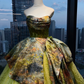 Strapless Lime Green Vintage Ball Gown Metallic Oil Painting Jacquard Overskirt Ruffle Tulle Prom Dress  NV7031