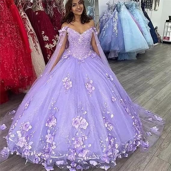 Robe de Quinceanera violet clair avec cape et appliques florales 3D nv1007