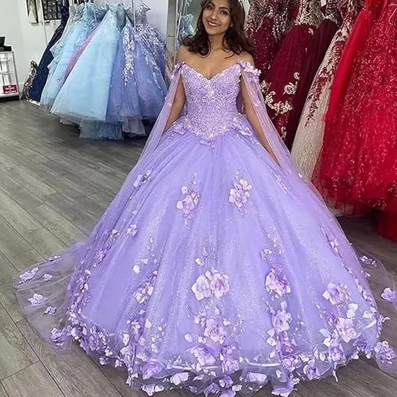 Robe de Quinceanera violet clair avec cape et appliques florales 3D nv1007