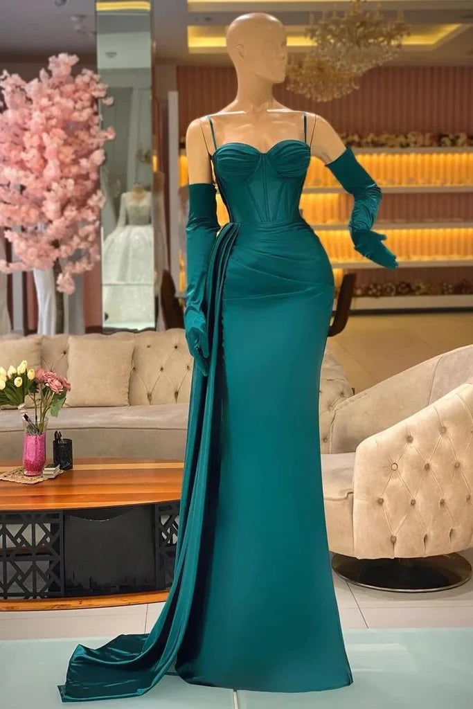 Dunkelgrünes elegantes Meerjungfrau-Ballkleid mit langen Spaghettiträgern und Rüschen nv1980