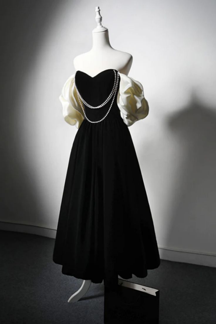 A-line Velvet Tea Maxi Dress Black Long Ball Gown Tea Evening Dress nv2714