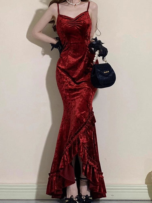 Belle robe de bal sirène longue et élégante en velours rouge nv4818