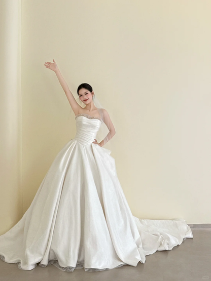 Strapless Satin A Line Wedding Dress Long Train Princess Bridal Gown  NV7130