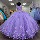Robe de Quinceanera violet clair avec cape et appliques florales 3D nv1007