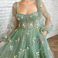 Grünes elegantes Midi-Ballkleid-Abendkleid aus Tüll mit Blumenapplikationen nv76