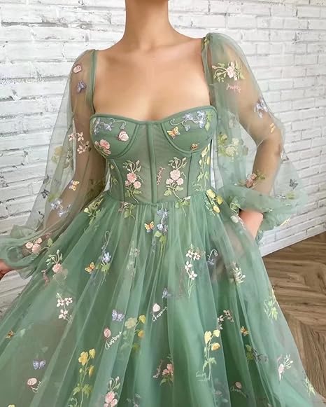 Grünes elegantes Midi-Ballkleid-Abendkleid aus Tüll mit Blumenapplikationen nv76