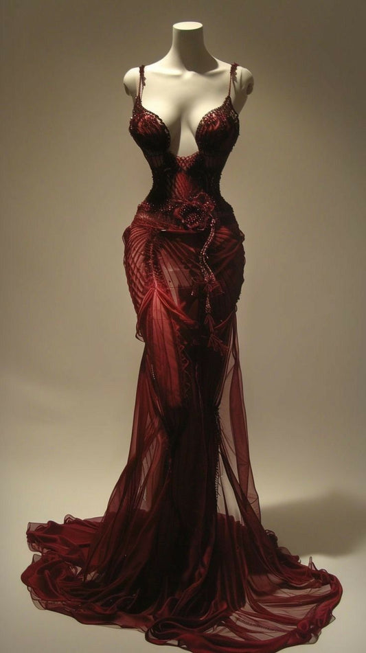 Burgundy Gorgeous Elegant Lace Beaded Long Tulle Mermaid Slim Ball Gown Evening Gown nv3874