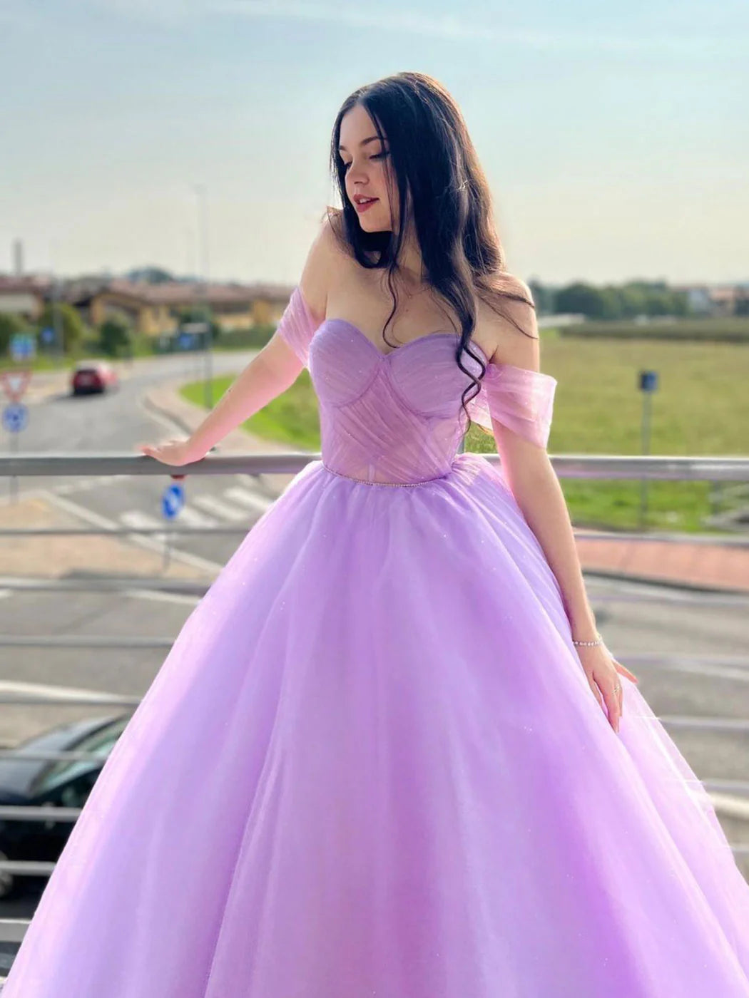 A-Linie Herzausschnitt Tüll Lila Langes Ballkleid, Lila Abendkleider nv1527