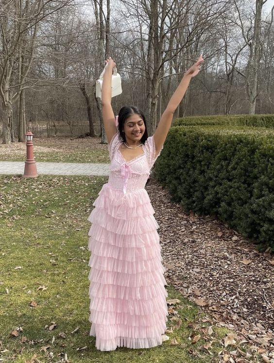 Pink sweet and elegant A-line multi-layered ruffled long tulle princess dress prom dress graduation dress nv3283