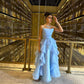 Blue Tulle Strapless A-Line Ruffled Long Ball Gown Evening Dress nv2740