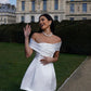 Robe de soirée courte en satin blanc simple et tendance, à épaules dénudées, robe de bal, robe d'anniversaire, robe de soirée pour invités de mariage nv2551
