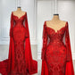 Red Luxurious Mermaid Prom Dresses Sheer Neck Lace Beaded Evening Formal Party Gowns Dress nv4
