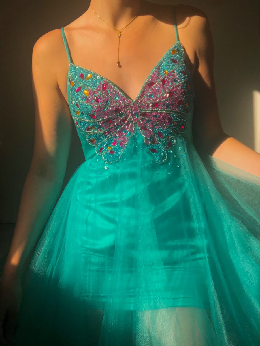 Robe de soirée courte en mousseline de soie, motif papillon, perles, bleu sarcelle, fantaisie, fée, robe de bal, robe de fête d'anniversaire, nv5191