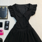 Black Short Homecoming Dress Lapel V Neck Flutter Sleeve A-Line Lace Hem Vintage Cocktail Gown  NV6920