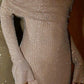 Champagner-gold/graues, mit Pailletten besetztes, langes, schulterfreies Ballkleid mit langen Ärmeln, Partykleid NV5295