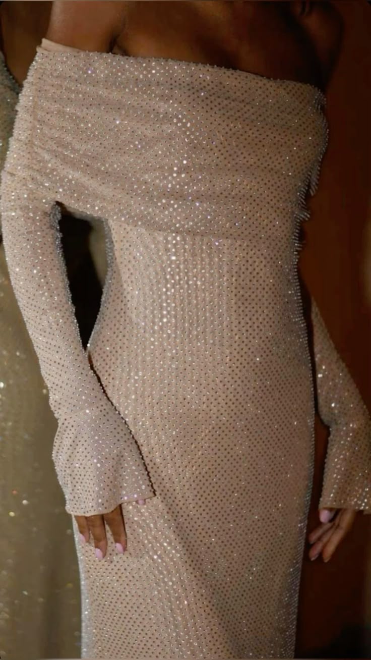 Champagner-gold/graues, mit Pailletten besetztes, langes, schulterfreies Ballkleid mit langen Ärmeln, Partykleid NV5295