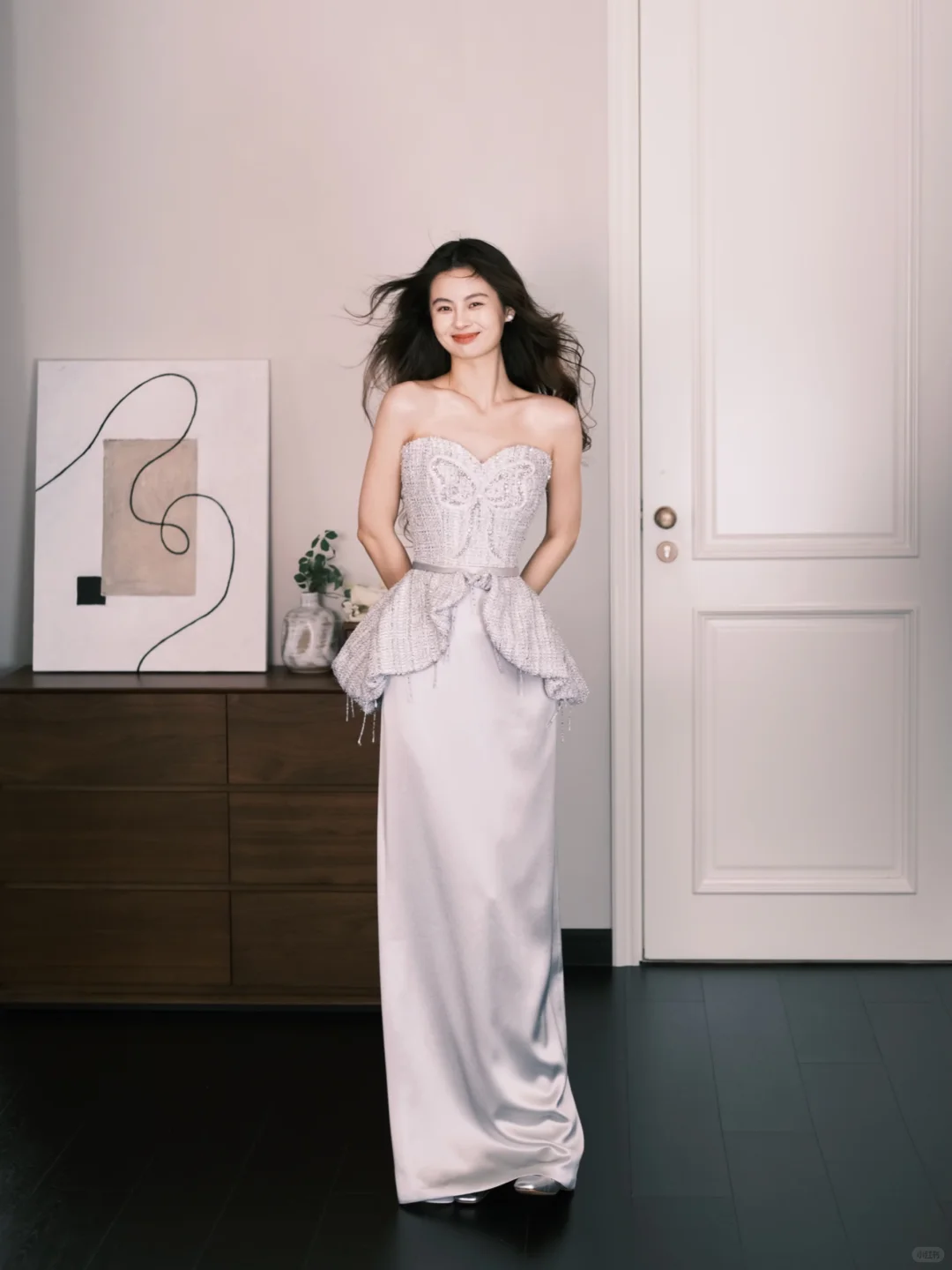 Strapless Silver Butterfly Beaded Evening Gown, Tweed & Satin Formal Prom Dress  NV7297