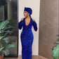 Blue Shiny Sequins Elegant V Neck Long Ball Gown Evening Dress Party Dress With Gloves nv3240