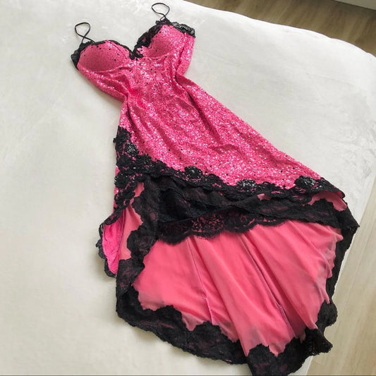 NiceVestidos--Pink Glitter Lace Spaghetti Strap Short Chiffon Sequin Homecoming Dress Party Gown NV5733