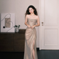Strapless Champagne Rhinestone Mesh Prom Dress with High Side Slit  NV7378